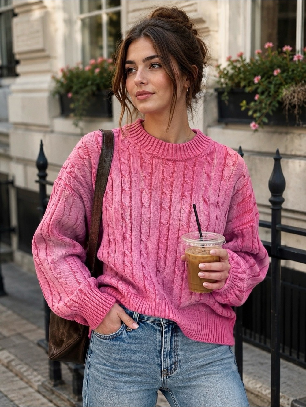 GAP Pink Cable-Knit Crewneck Sweater